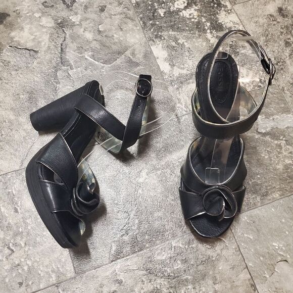 Fossil Black Leather Floral Flower Strappy Heeled Platform Sandals 8.5 - Picture 1 of 6